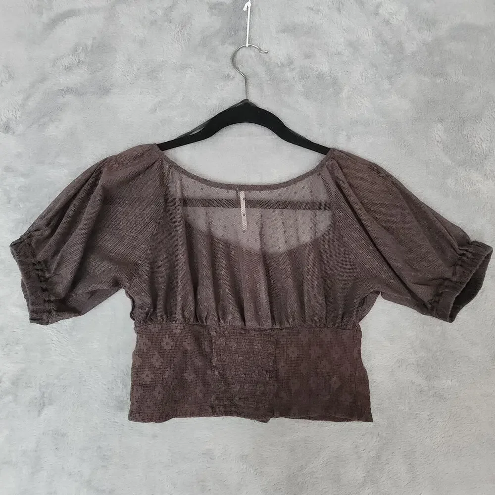 Free People Brown Milkmaid Blouse Puff Sleeves Crop Cottagecore coquette twee XS